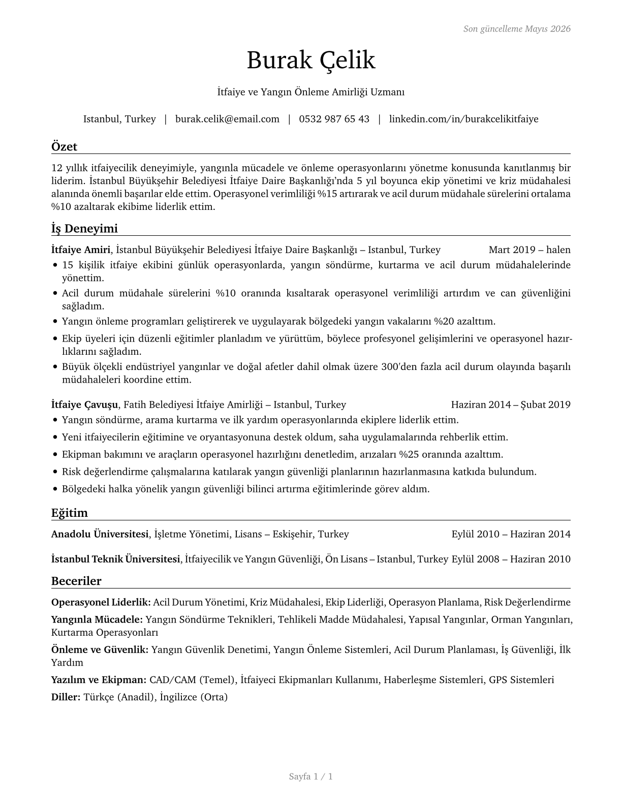 First-Line Supervisors of Firefighting and Prevention Workers CV in Turkish — page 1