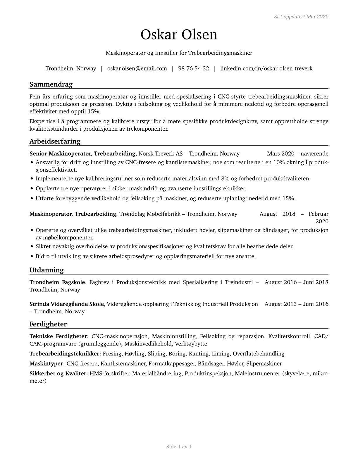Woodworking Machine Setters, Operators, and Tenders, Except Sawing CV in Norwegian_bokmal — page 1
