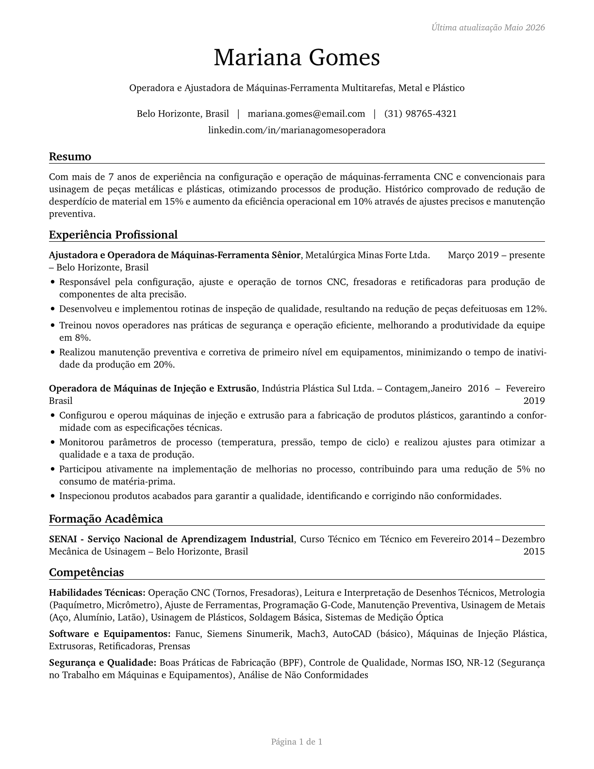 Multiple Machine Tool Setters, Operators, and Tenders, Metal and Plastic CV in Portuguese — page 1
