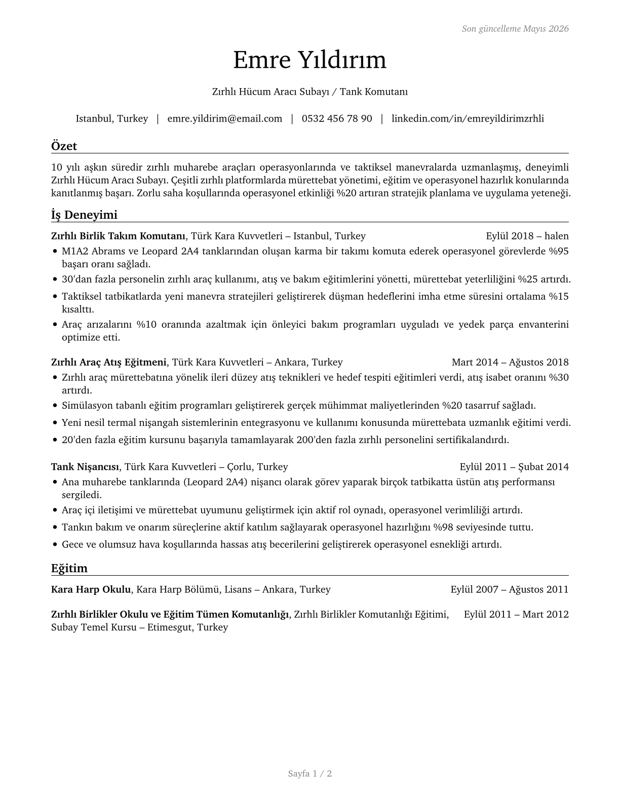 Armored Assault Vehicle Officers CV in Turkish — page 1