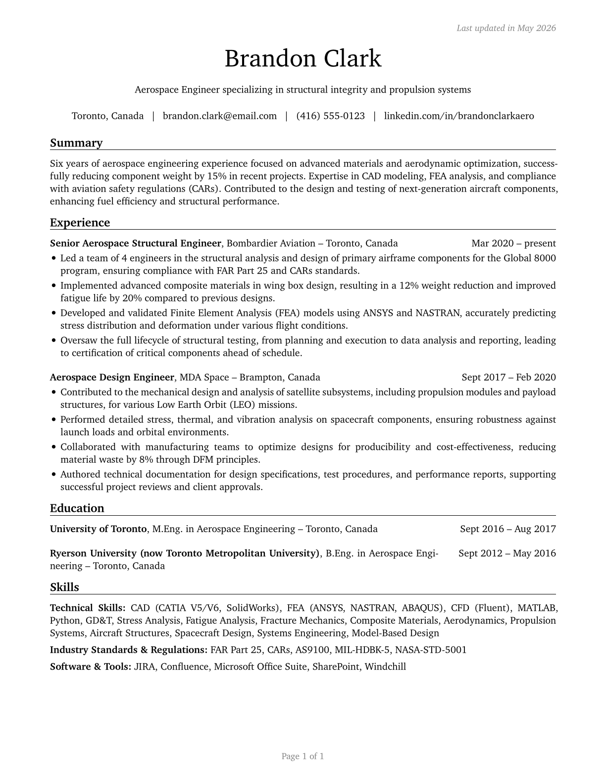 Aerospace Engineers CV in English — page 1