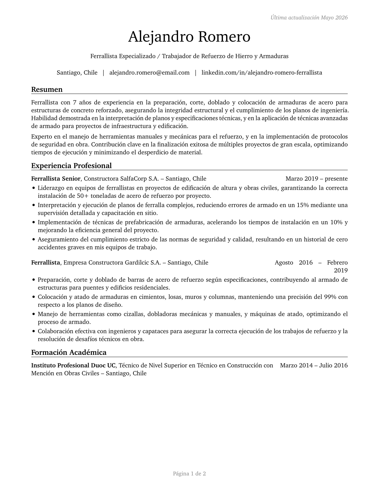 Reinforcing Iron and Rebar Workers CV in Spanish — page 1