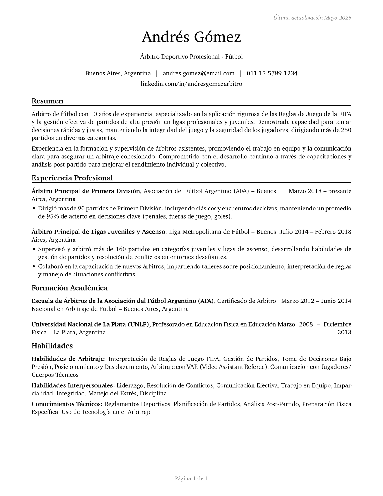 Umpires, Referees, and Other Sports Officials CV in Spanish — page 1