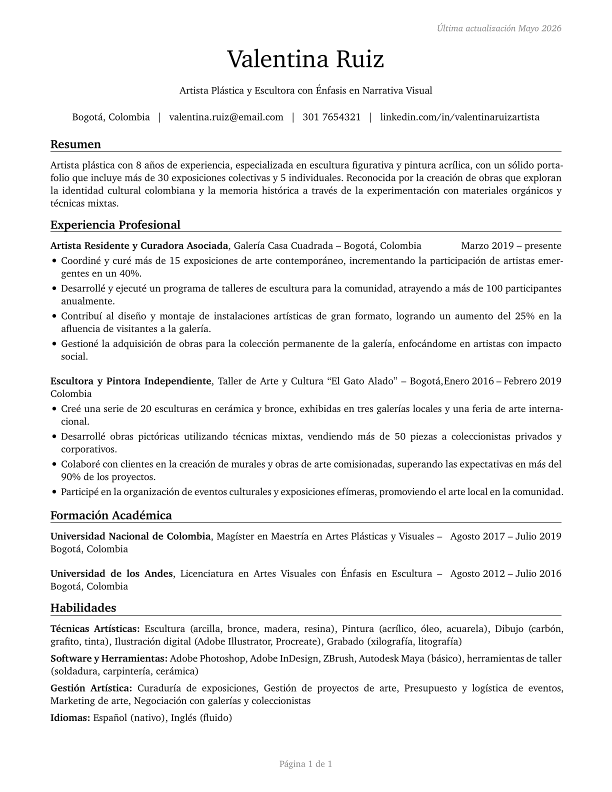 Fine Artists, Including Painters, Sculptors, and Illustrators CV in Spanish — page 1