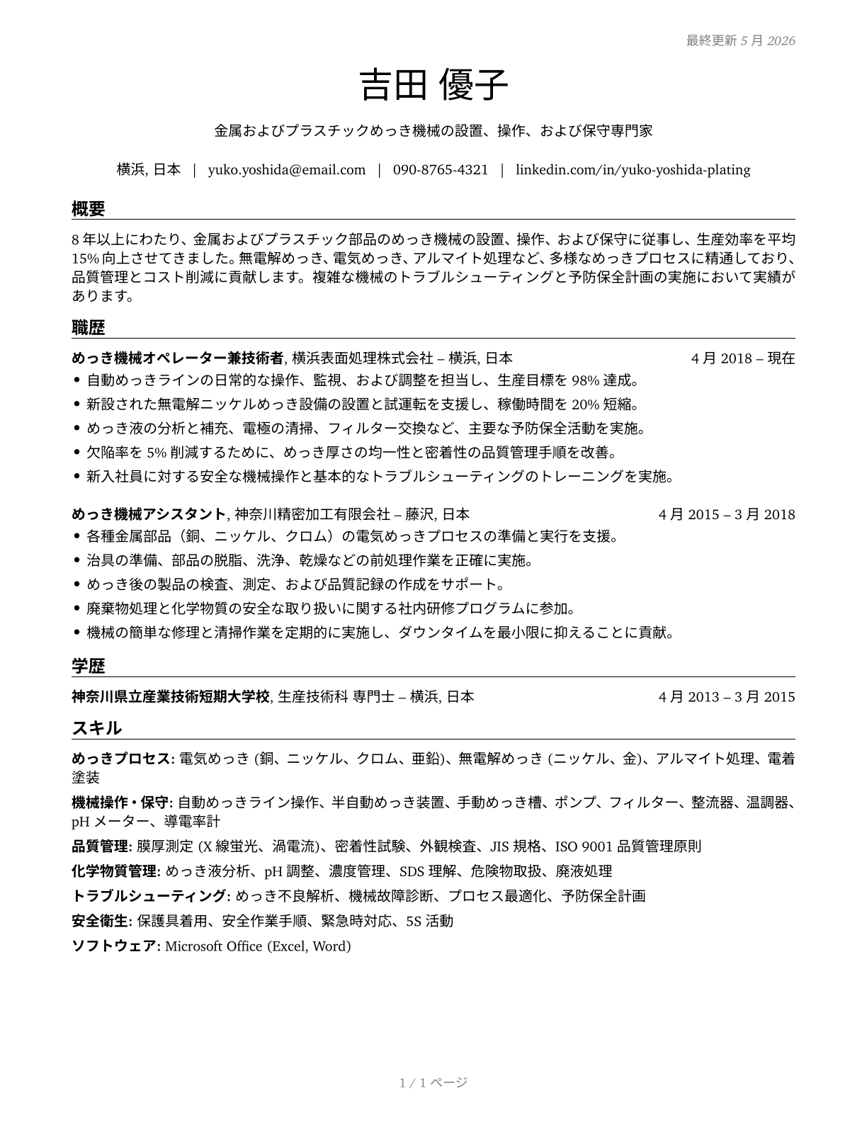 Plating Machine Setters, Operators, and Tenders, Metal and Plastic CV in Japanese — page 1