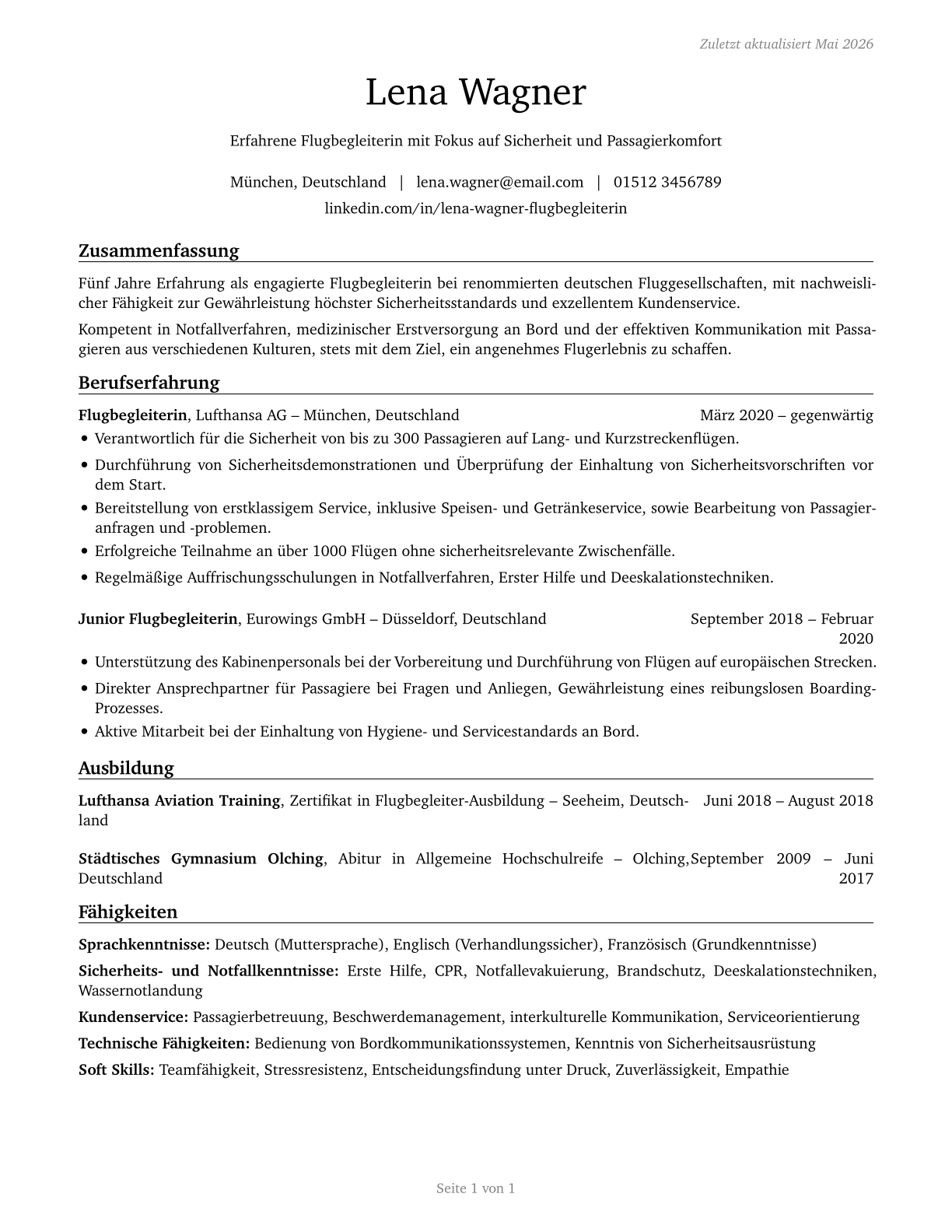Flight Attendants CV in German — page 1