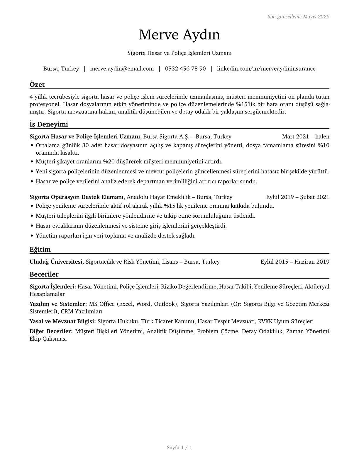 Insurance Claims and Policy Processing Clerks CV in Turkish — page 1