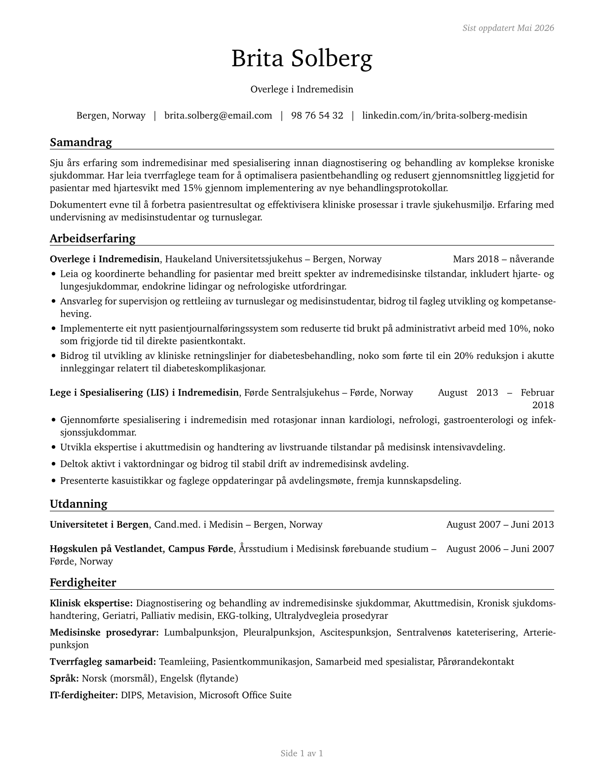 General Internal Medicine Physicians CV in Norwegian_nynorsk — page 1