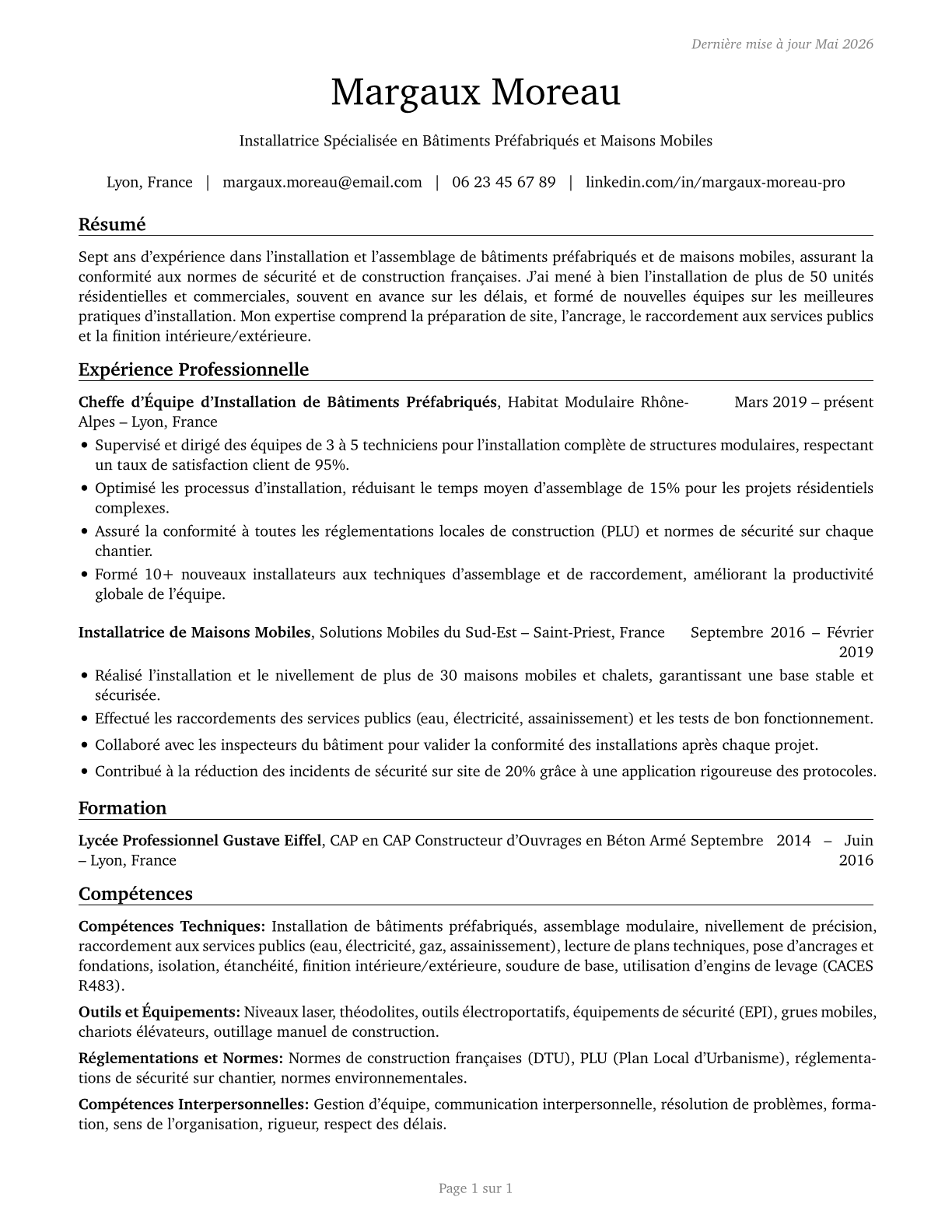Manufactured Building and Mobile Home Installers CV in French — page 1