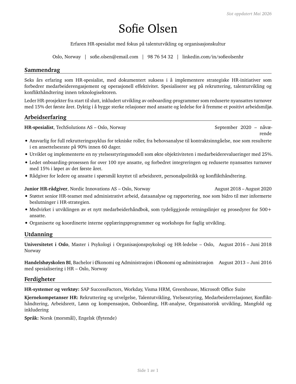 Human Resources Specialists CV in Norwegian_bokmal — page 1