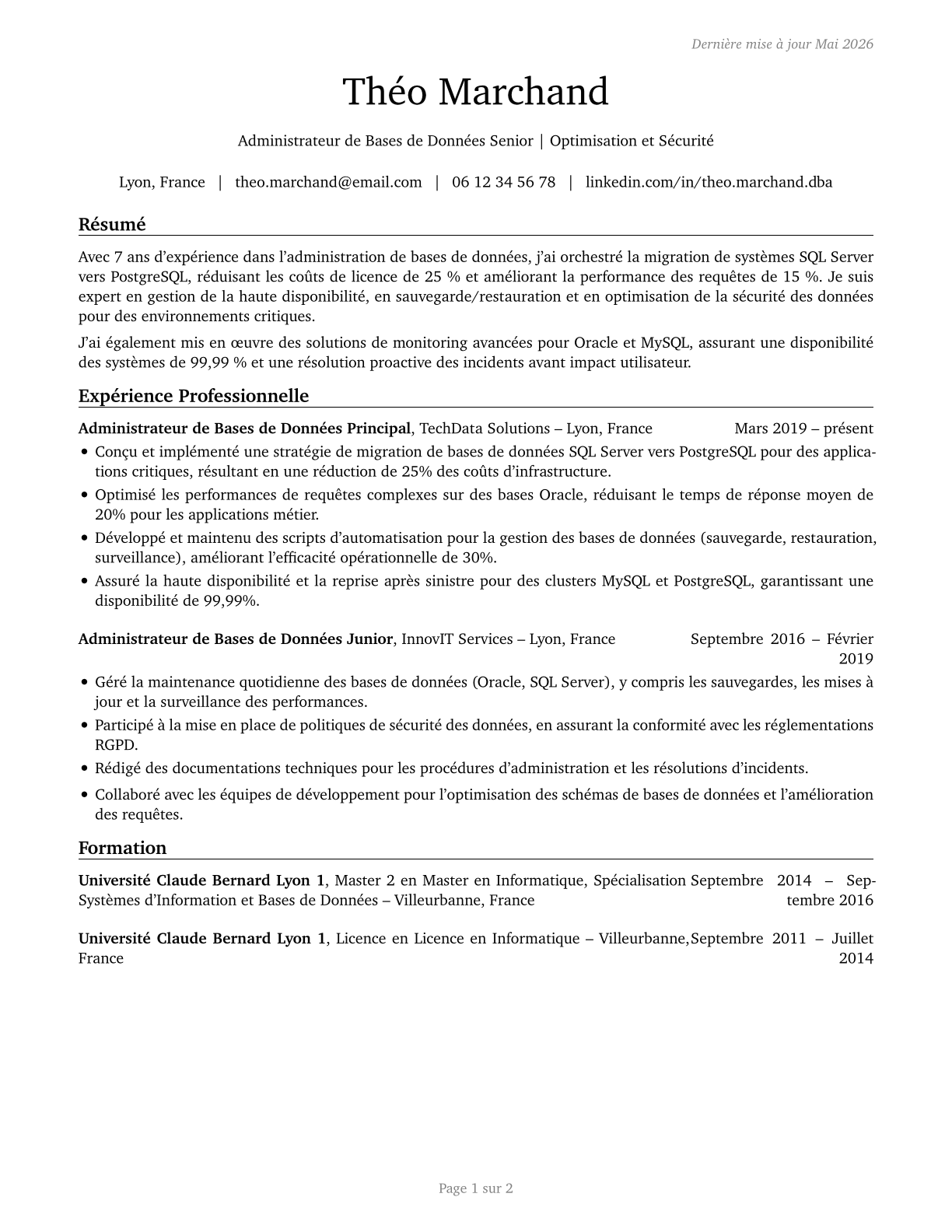 Database Administrators CV in French — page 1