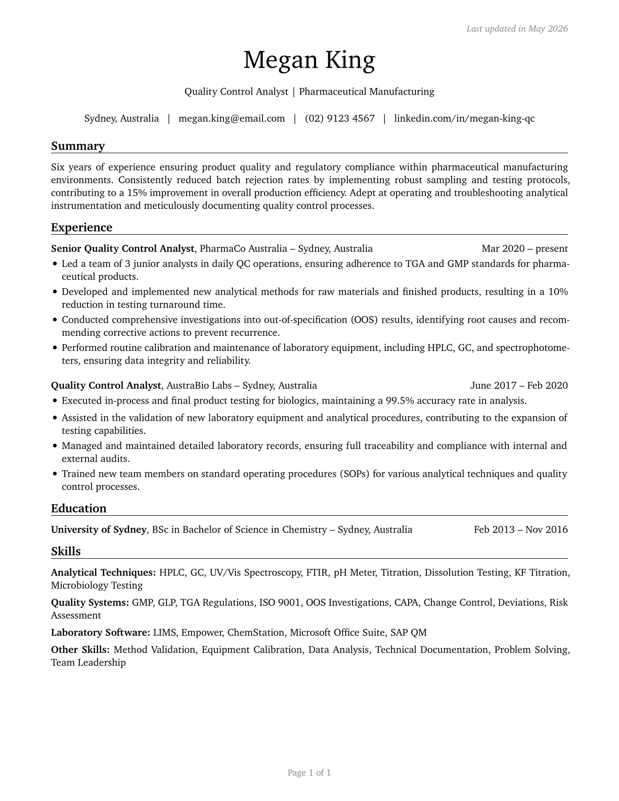 Quality Control Analysts CV in English — page 1