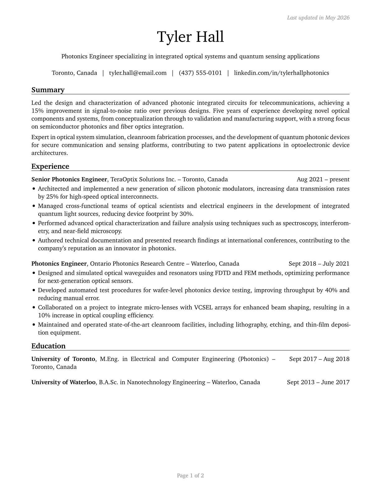 Photonics Engineers CV in English — page 1