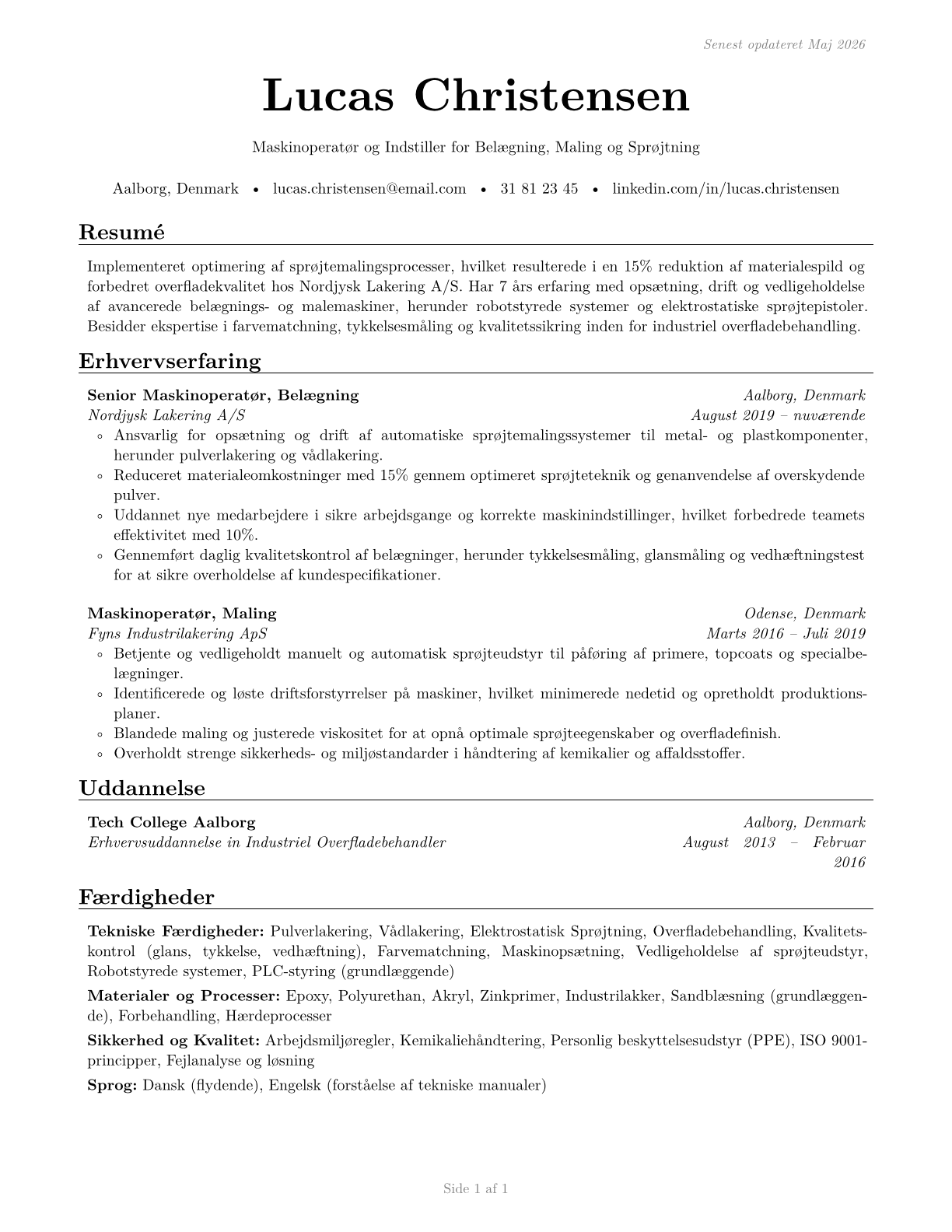Coating, Painting, and Spraying Machine Setters, Operators, and Tenders CV in Danish — page 1