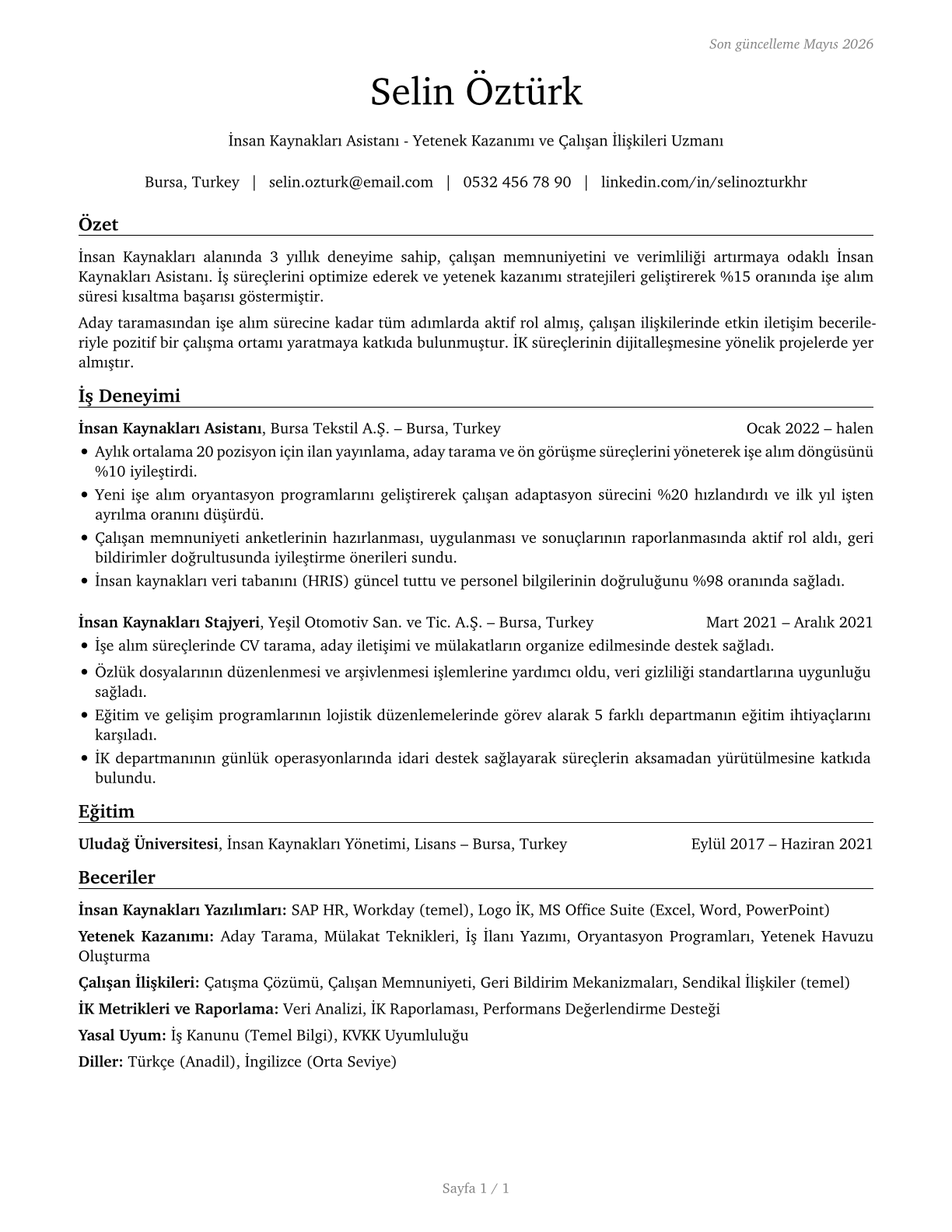 Human Resources Assistants, Except Payroll and Timekeeping CV in Turkish — page 1