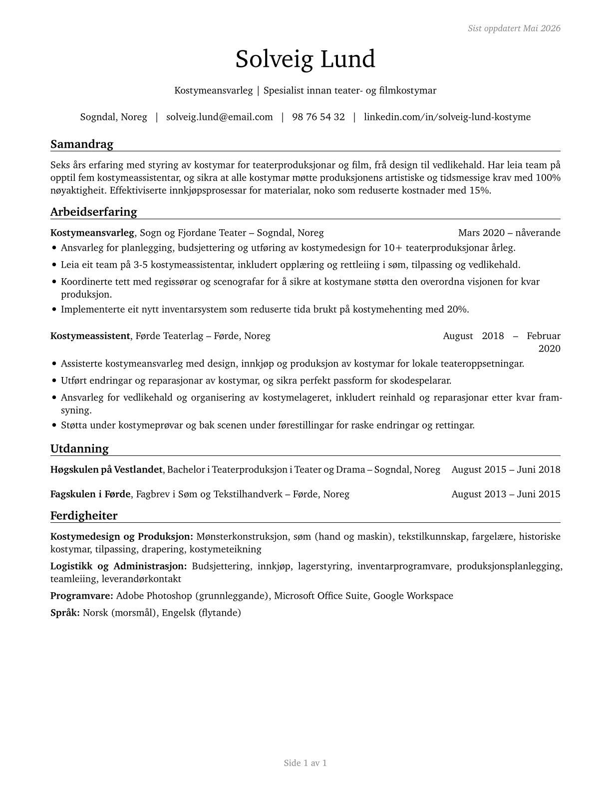 Costume Attendants CV in Norwegian_nynorsk — page 1