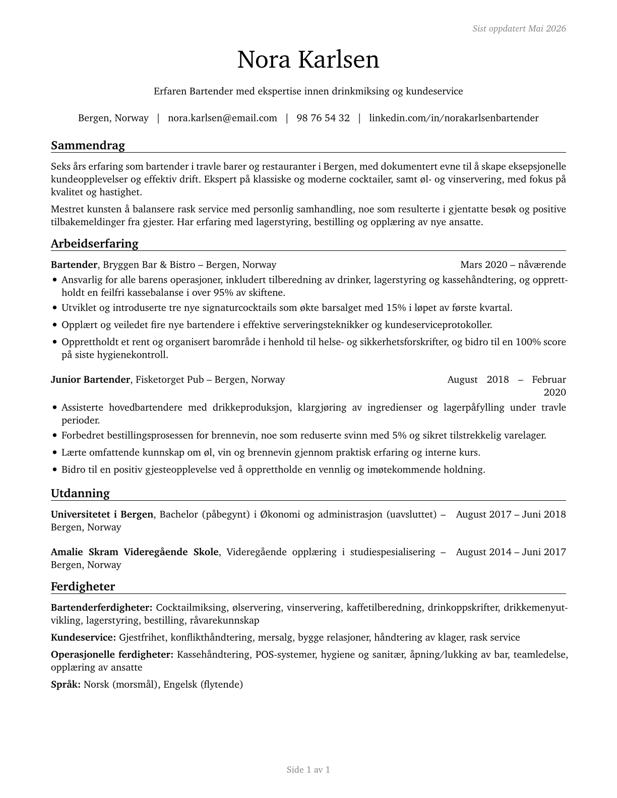 Bartenders CV in Norwegian_bokmal — page 1