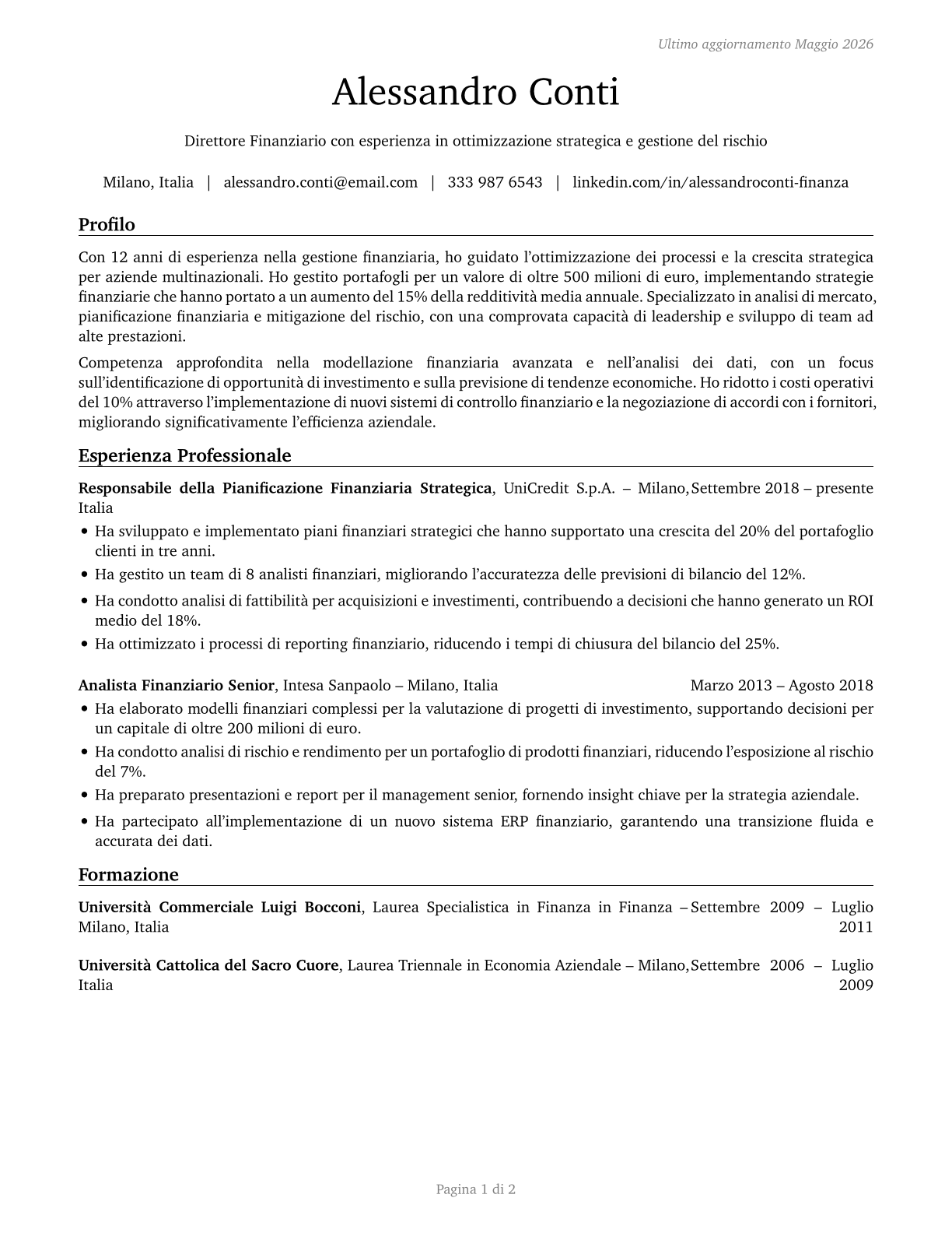 Financial Managers CV in Italian — page 1