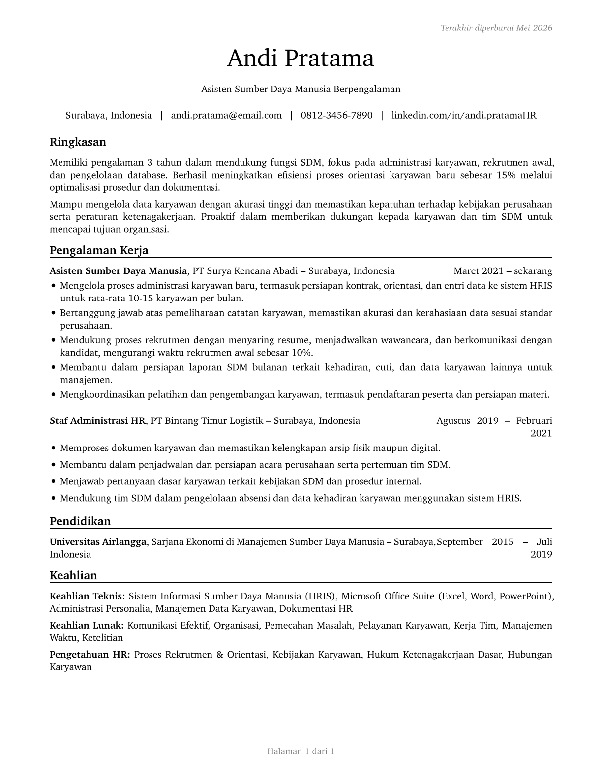 Human Resources Assistants, Except Payroll and Timekeeping CV in Indonesian — page 1