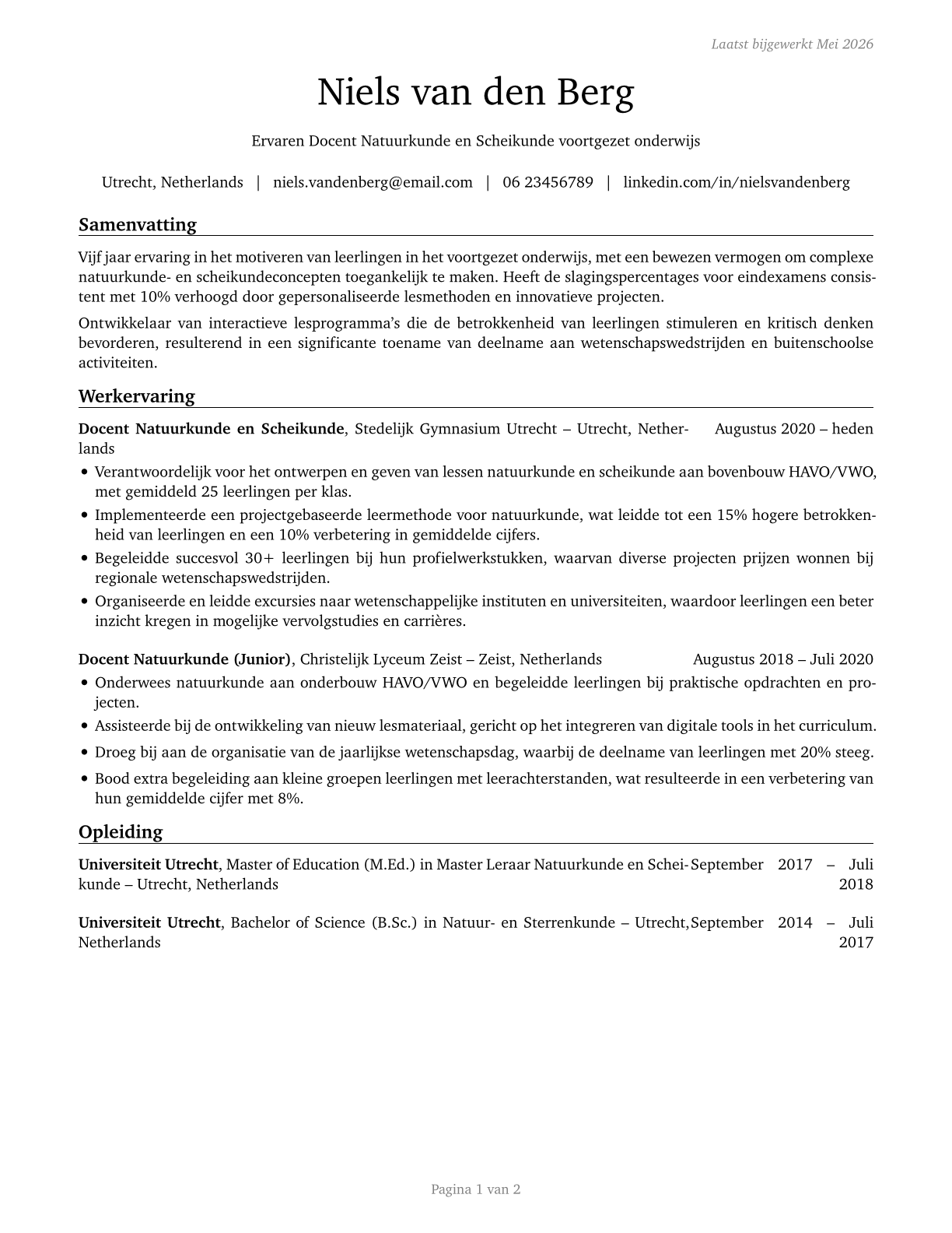 Secondary School Teachers, Except Special and Career/Technical Education CV in Dutch — page 1