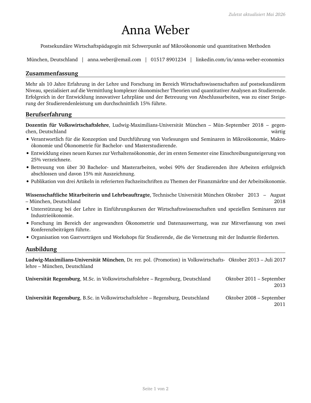 Economics Teachers, Postsecondary CV in German — page 1