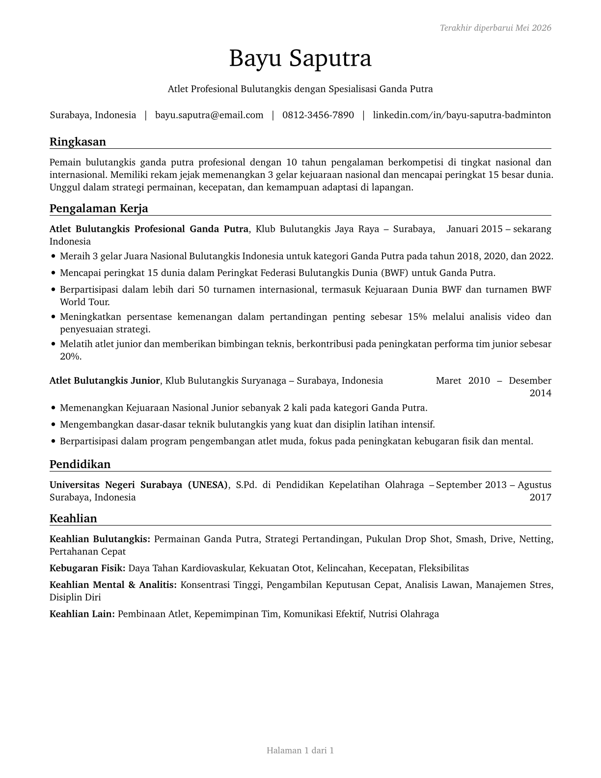 Athletes and Sports Competitors CV in Indonesian — page 1