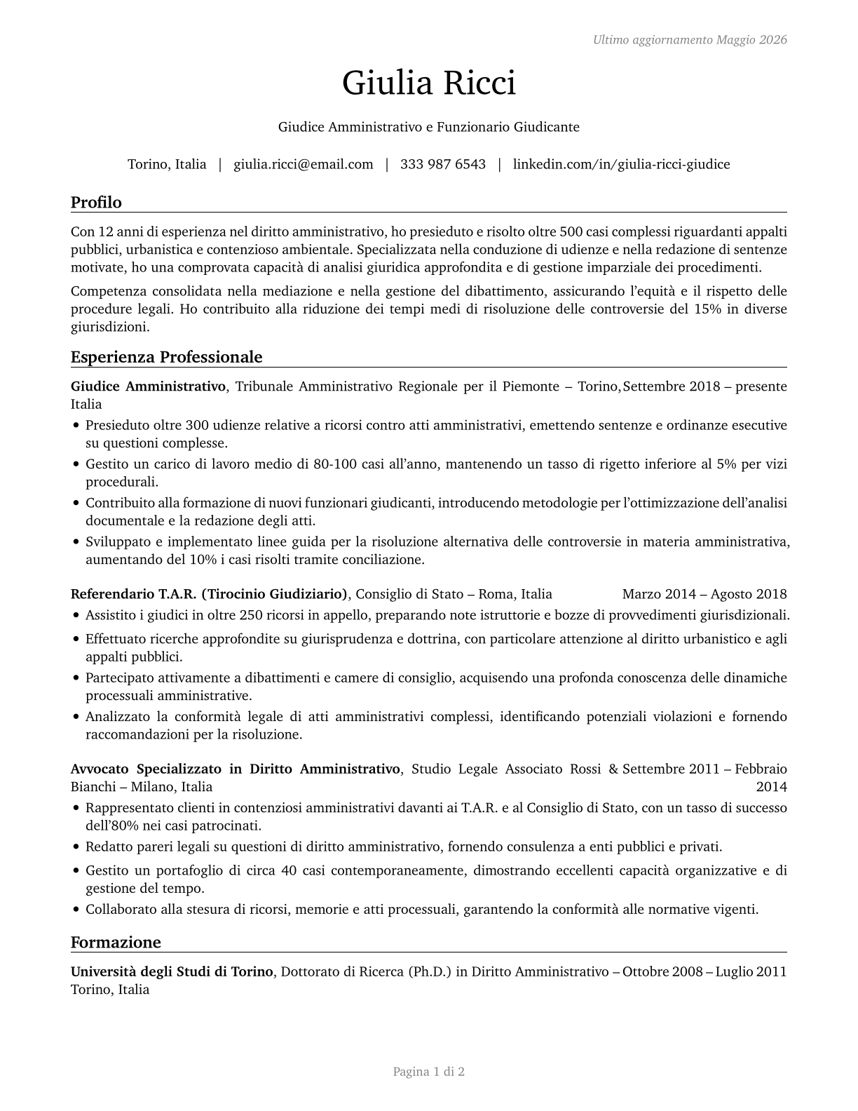 Administrative Law Judges, Adjudicators, and Hearing Officers CV in Italian — page 1