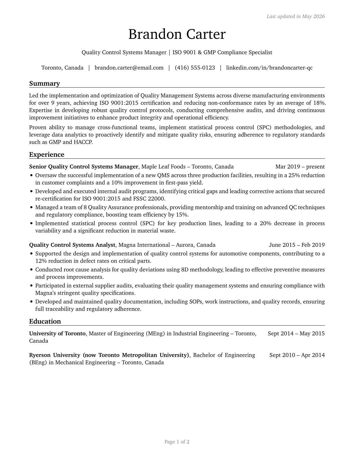Quality Control Systems Managers CV in English — page 1