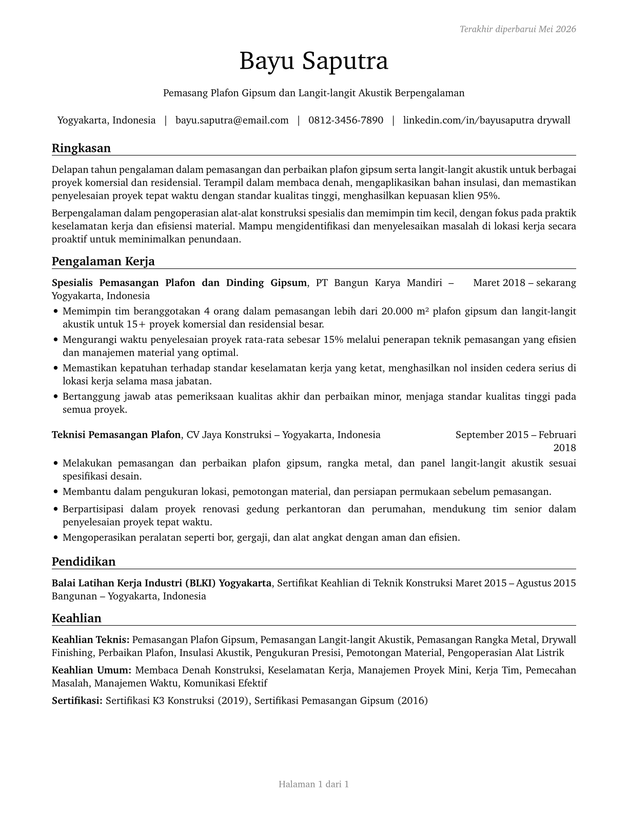 Drywall and Ceiling Tile Installers CV in Indonesian — page 1