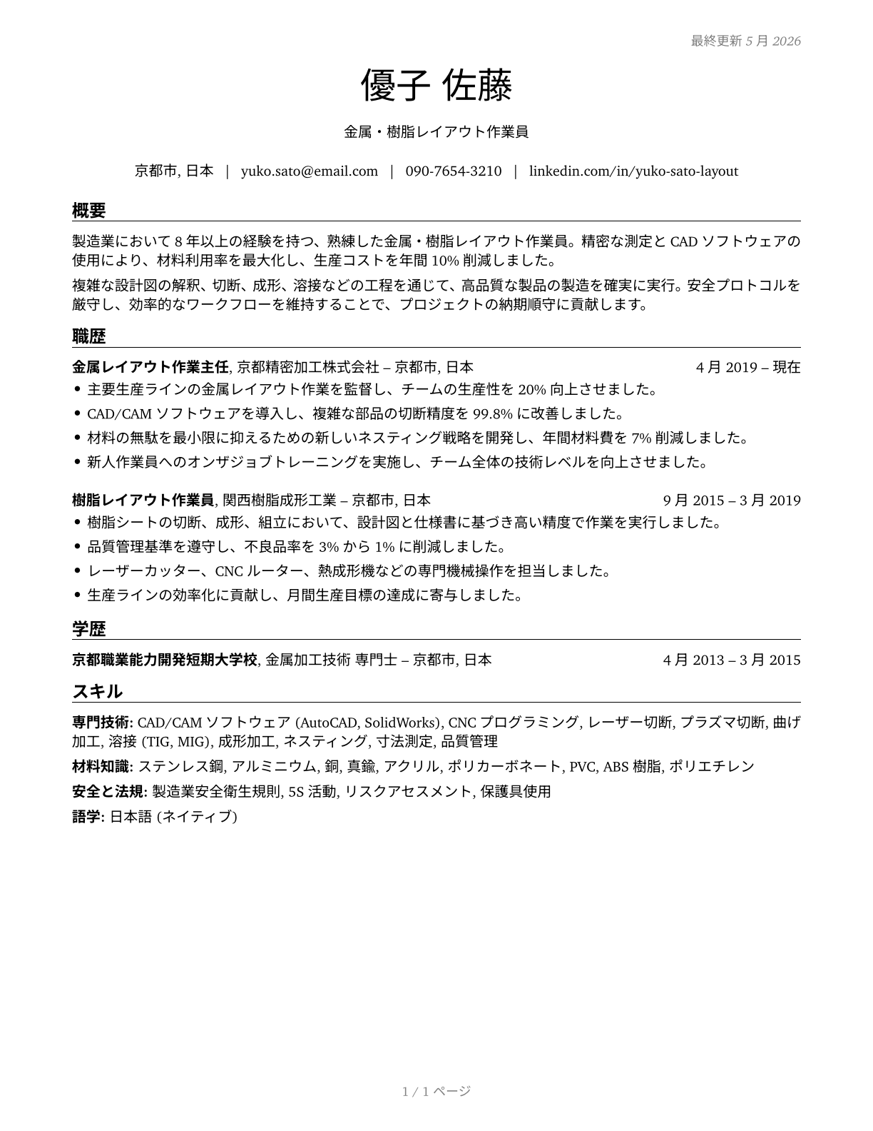 Layout Workers, Metal and Plastic CV in Japanese — page 1