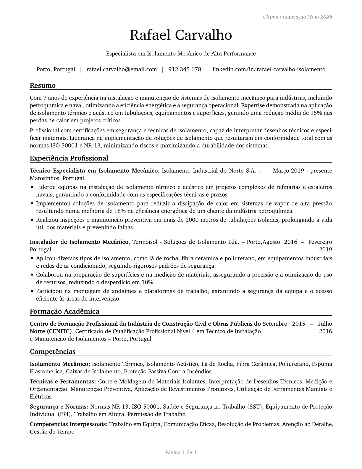 Insulation Workers, Mechanical CV in Portuguese — page 1