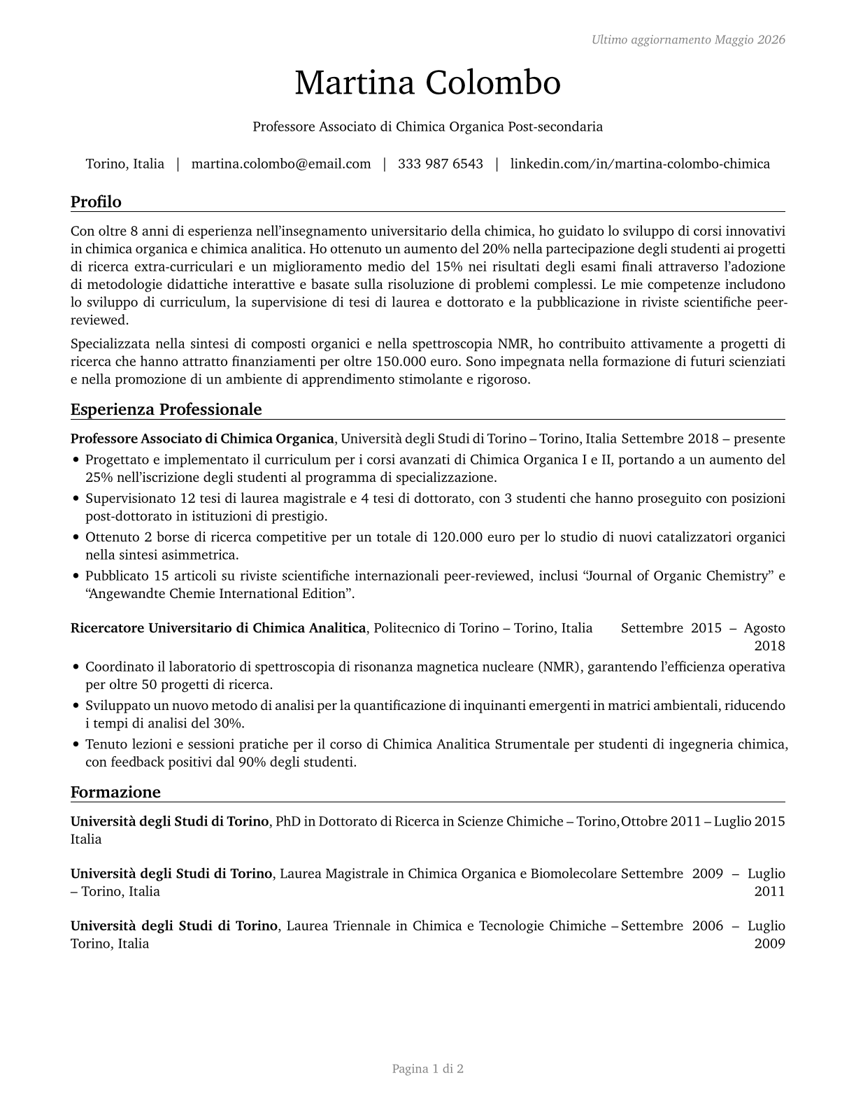 Chemistry Teachers, Postsecondary CV in Italian — page 1