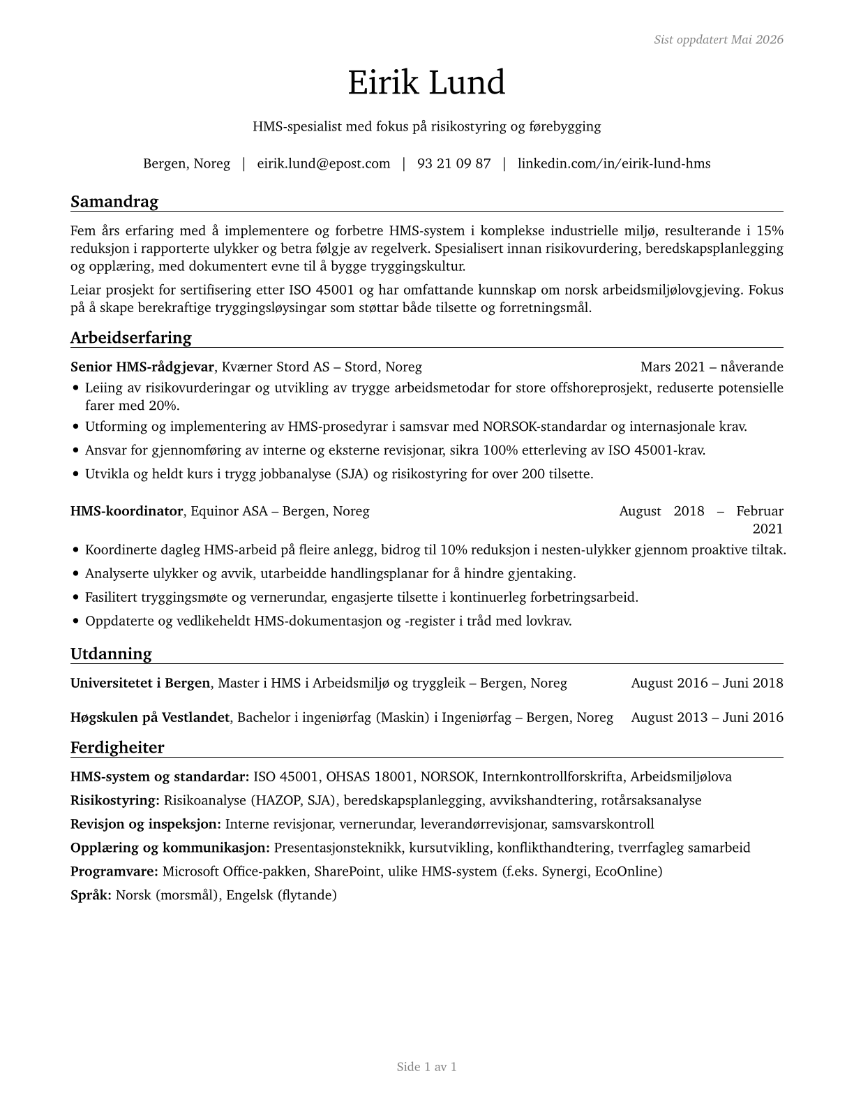 Occupational Health and Safety Specialists CV in Norwegian_nynorsk — page 1