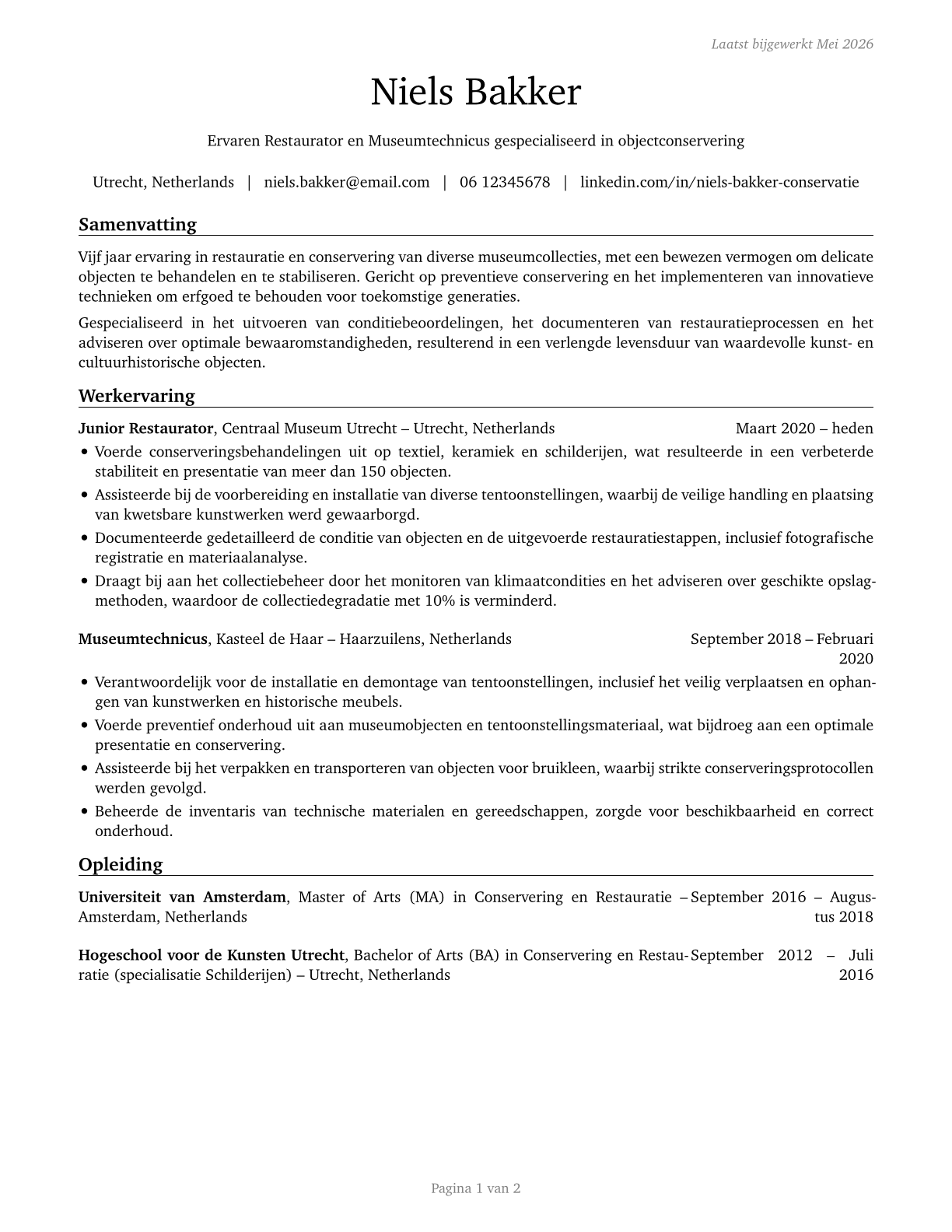 Museum Technicians and Conservators CV in Dutch — page 1