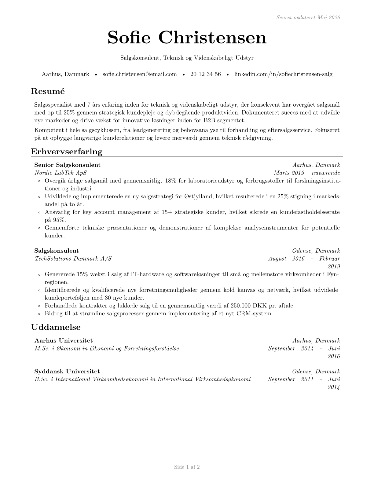 Sales Representatives, Wholesale and Manufacturing, Technical and Scientific Products CV in Danish — page 1