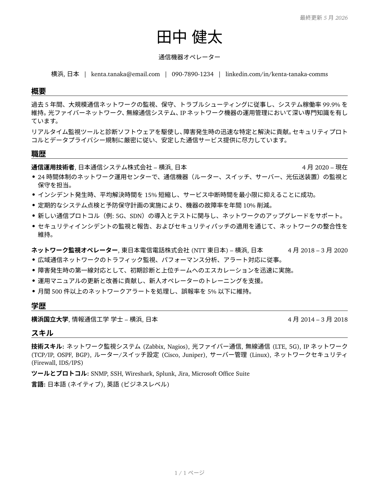Communications Equipment Operators, All Other CV in Japanese — page 1