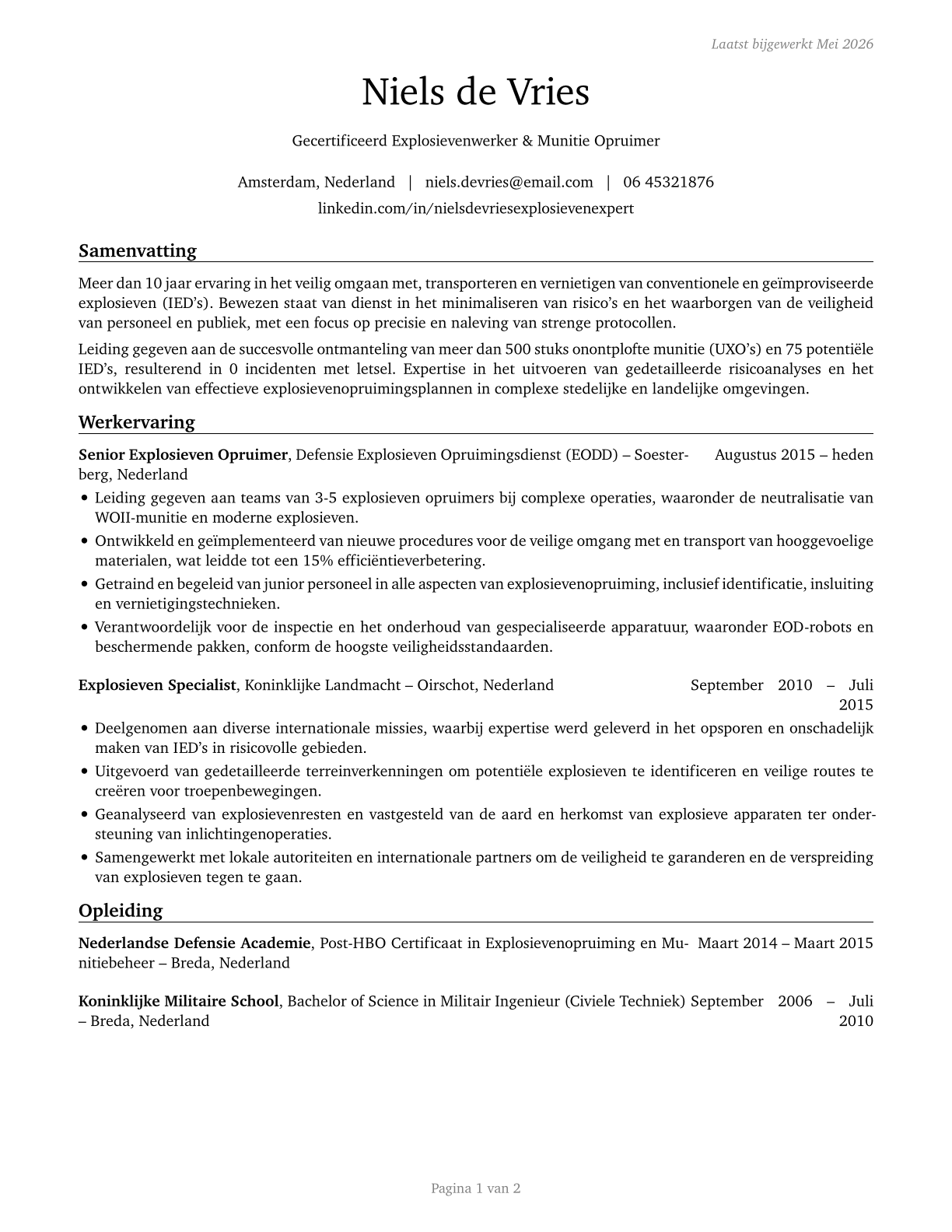 Explosives Workers, Ordnance Handling Experts, and Blasters CV in Dutch — page 1