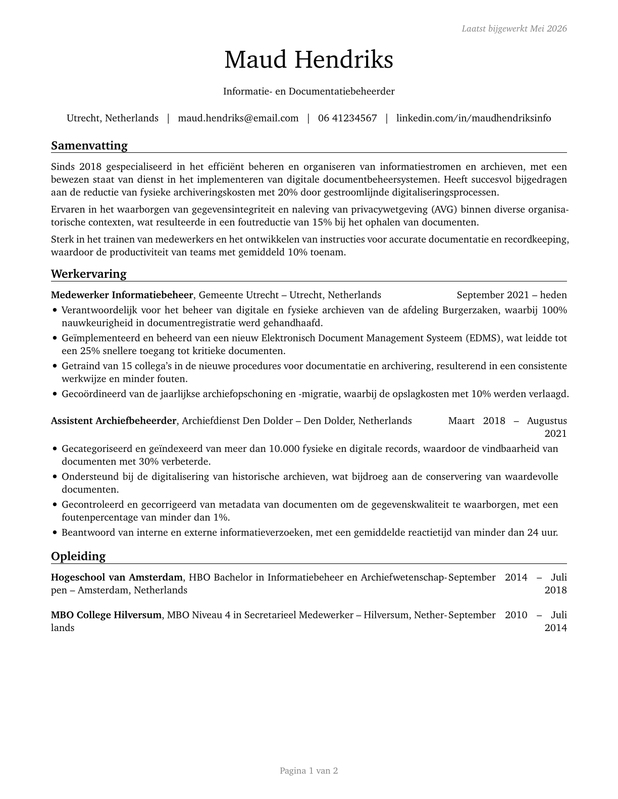 Information and Record Clerks, All Other CV in Dutch — page 1