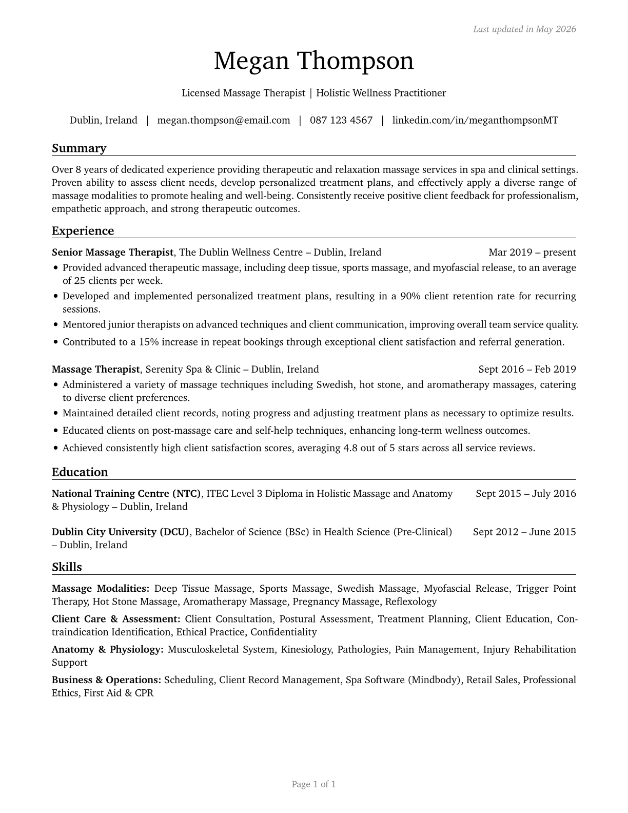 Massage Therapists CV in English — page 1