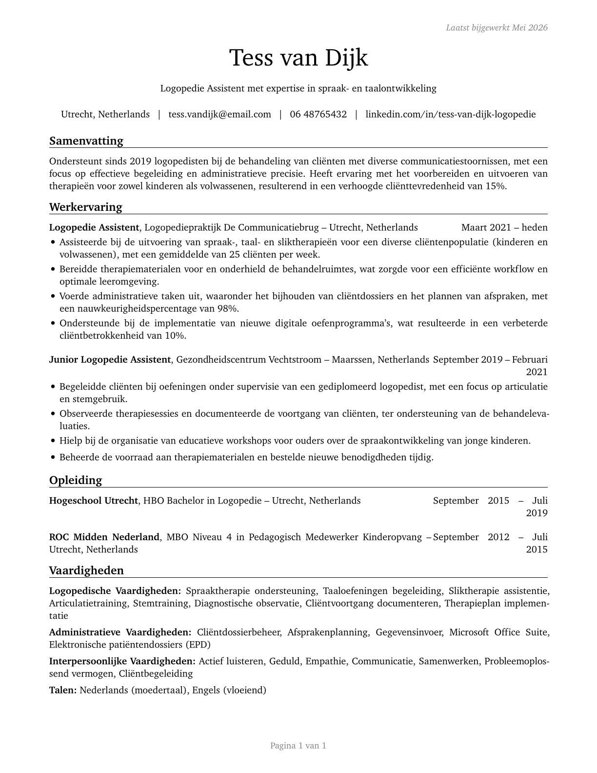 Speech-Language Pathology Assistants CV in Dutch — page 1