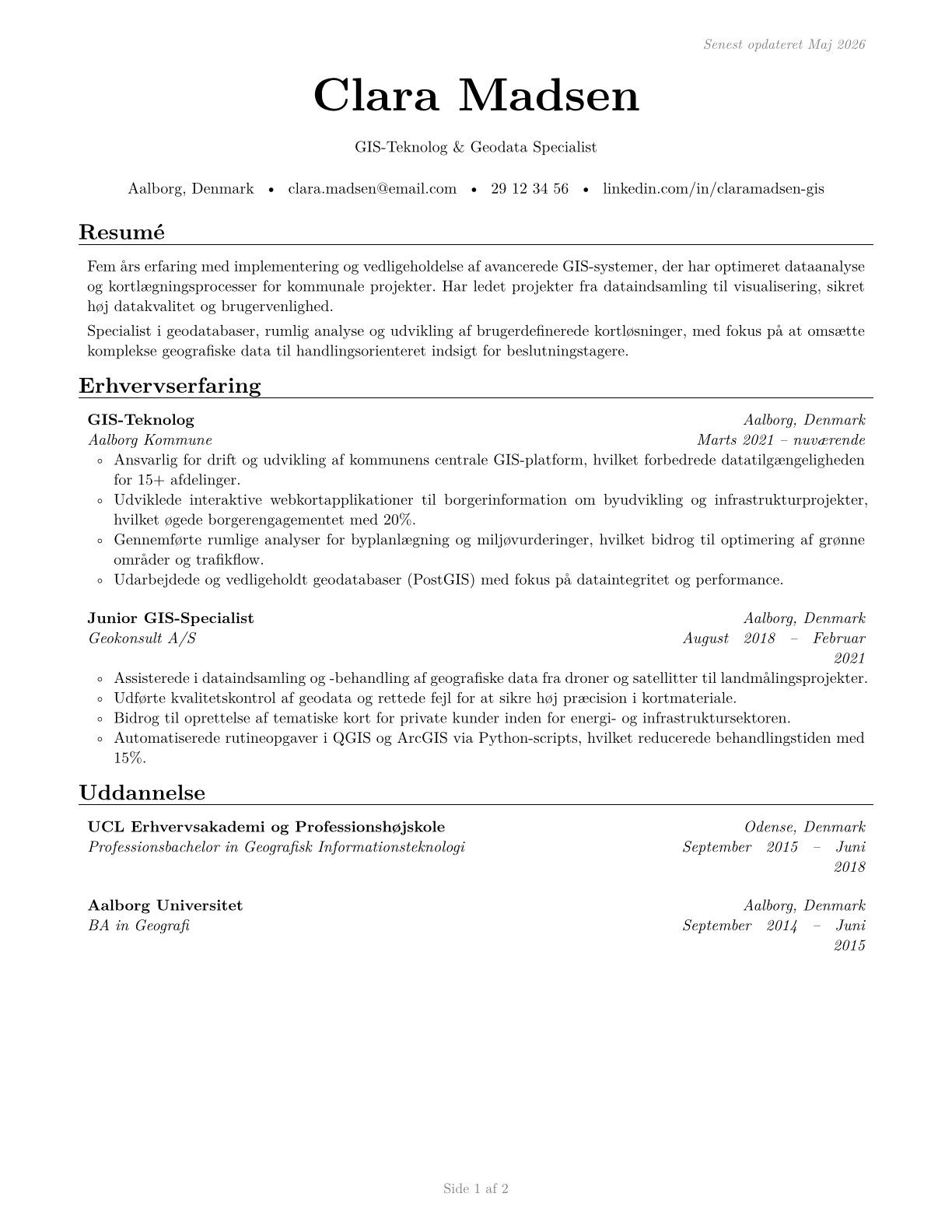 Geographic Information Systems Technologists and Technicians CV in Danish — page 1