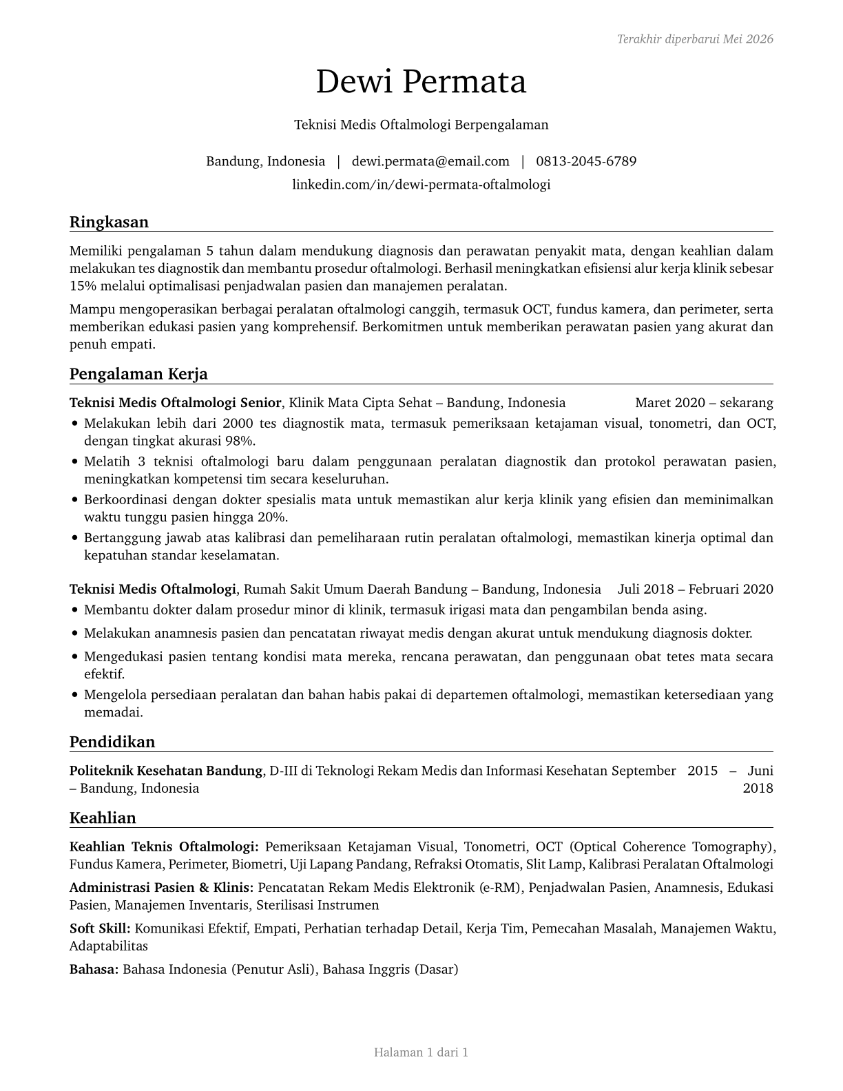 Ophthalmic Medical Technicians CV in Indonesian — page 1