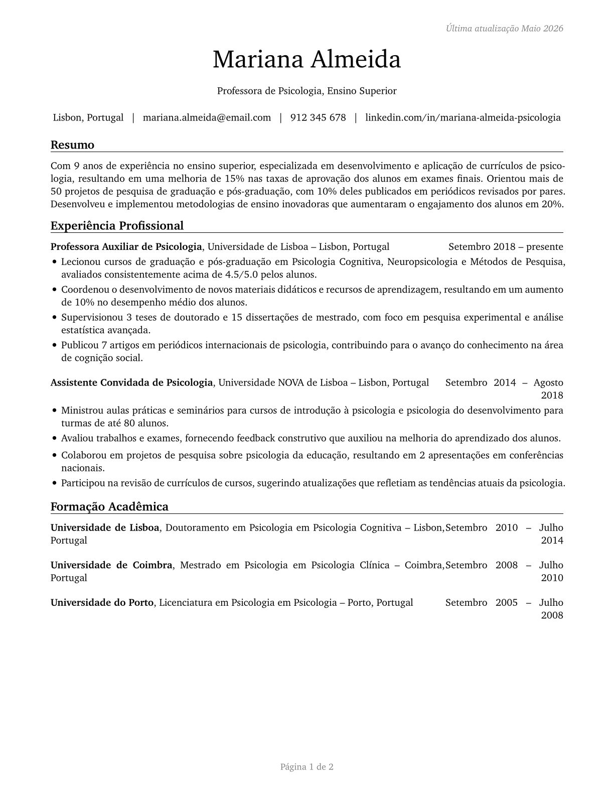 Psychology Teachers, Postsecondary CV in Portuguese — page 1