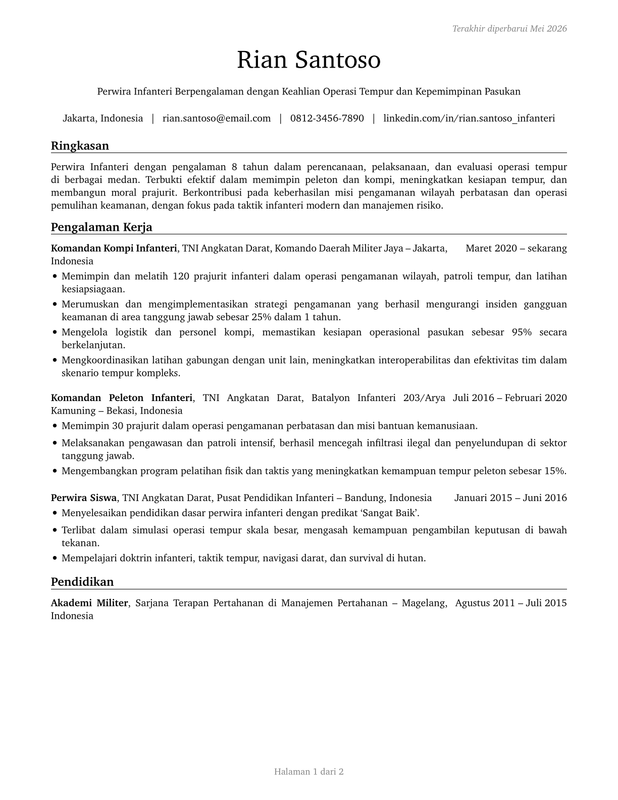 Infantry Officers CV in Indonesian — page 1