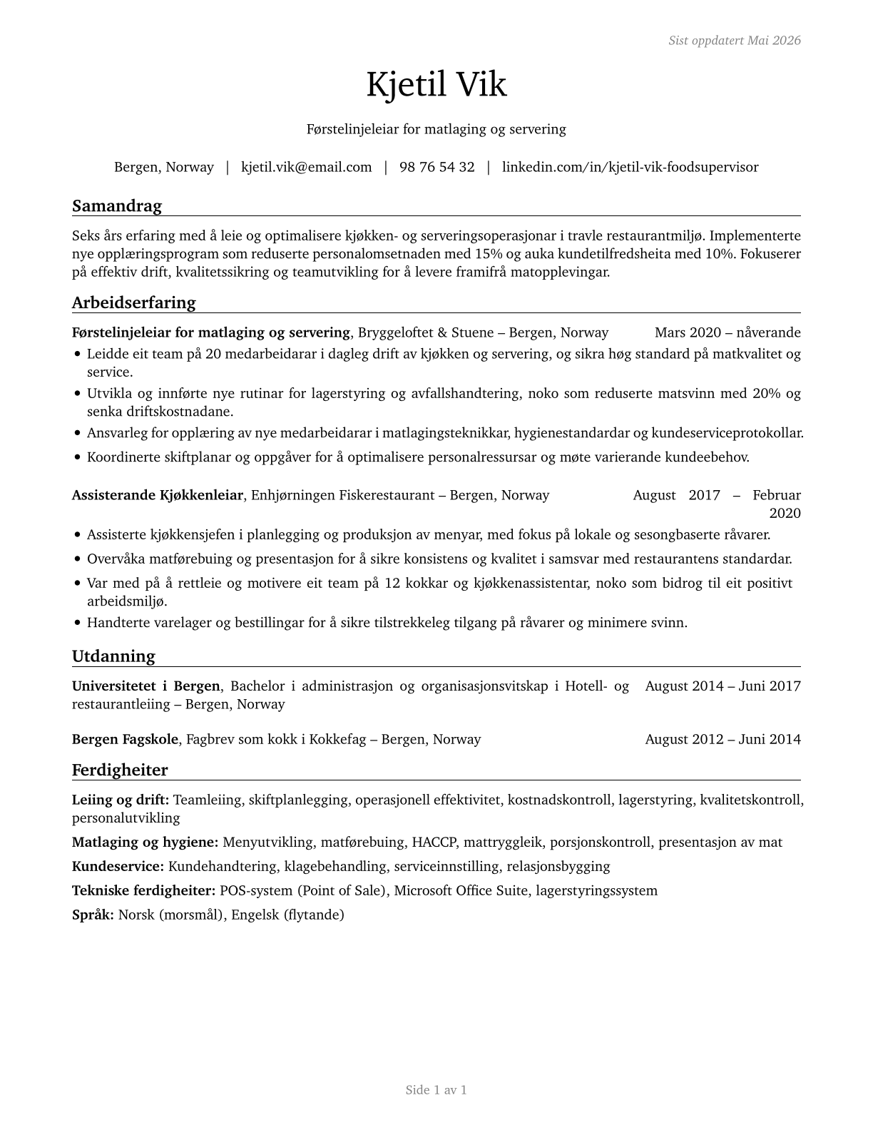 First-Line Supervisors of Food Preparation and Serving Workers CV in Norwegian_nynorsk — page 1