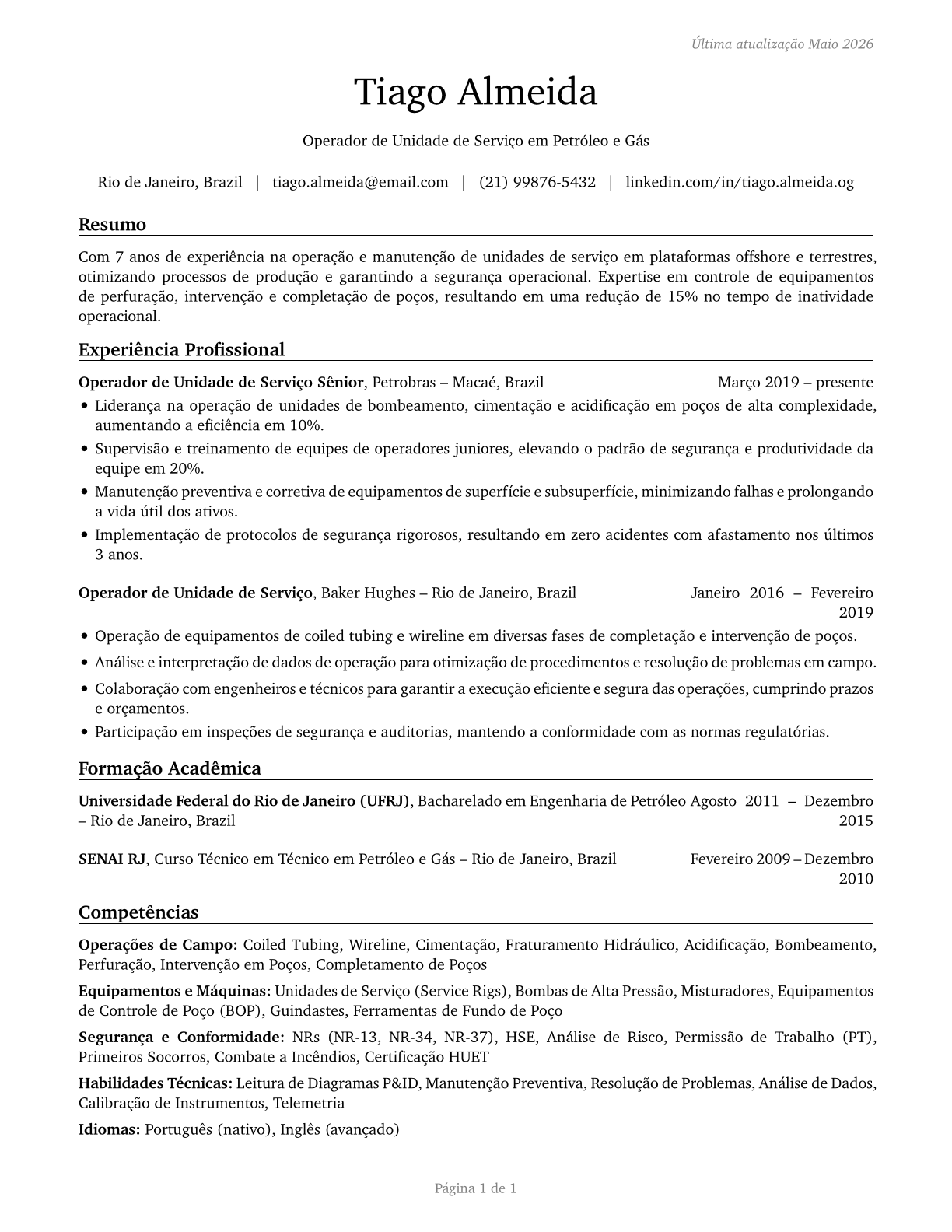 Service Unit Operators, Oil and Gas CV in Portuguese — page 1
