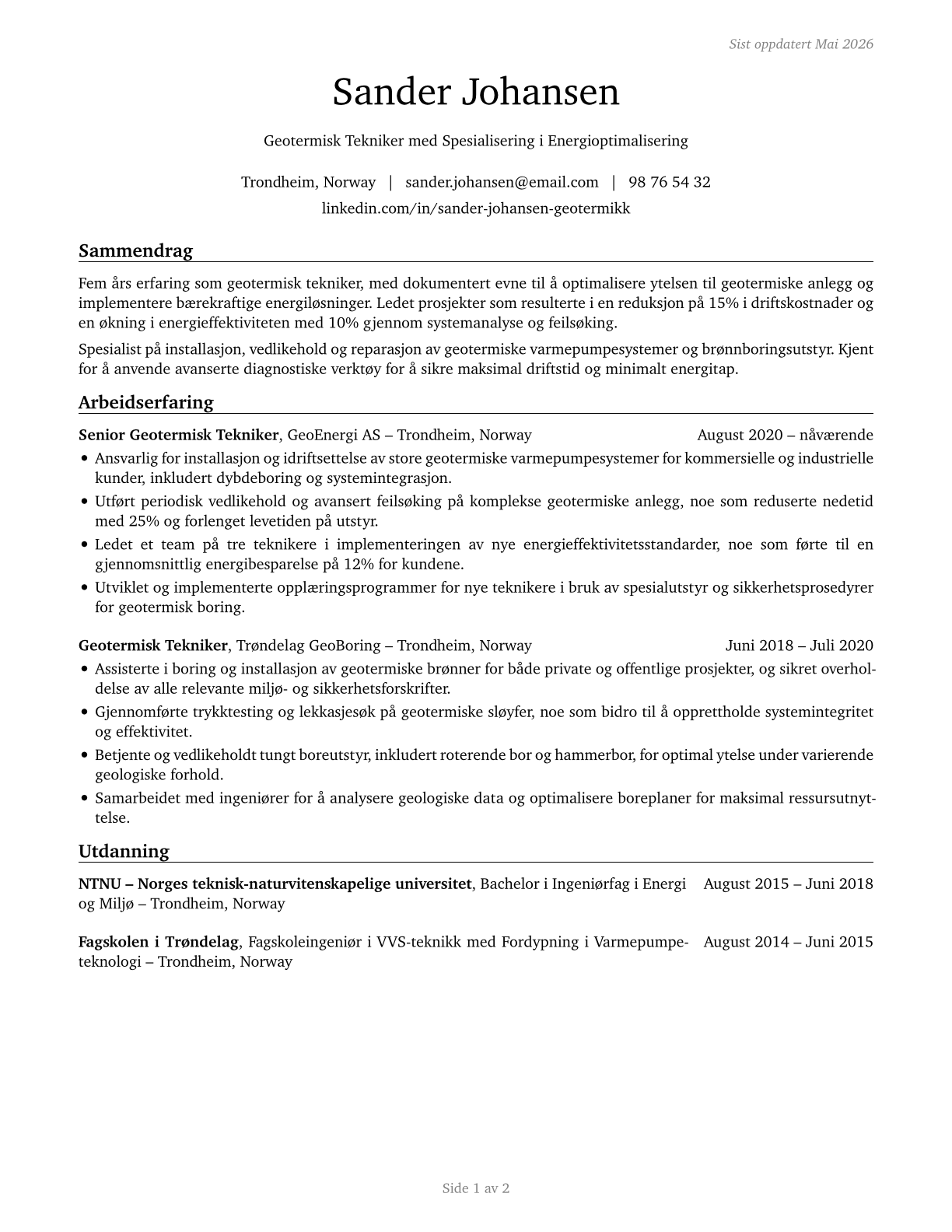 Geothermal Technicians CV in Norwegian_bokmal — page 1