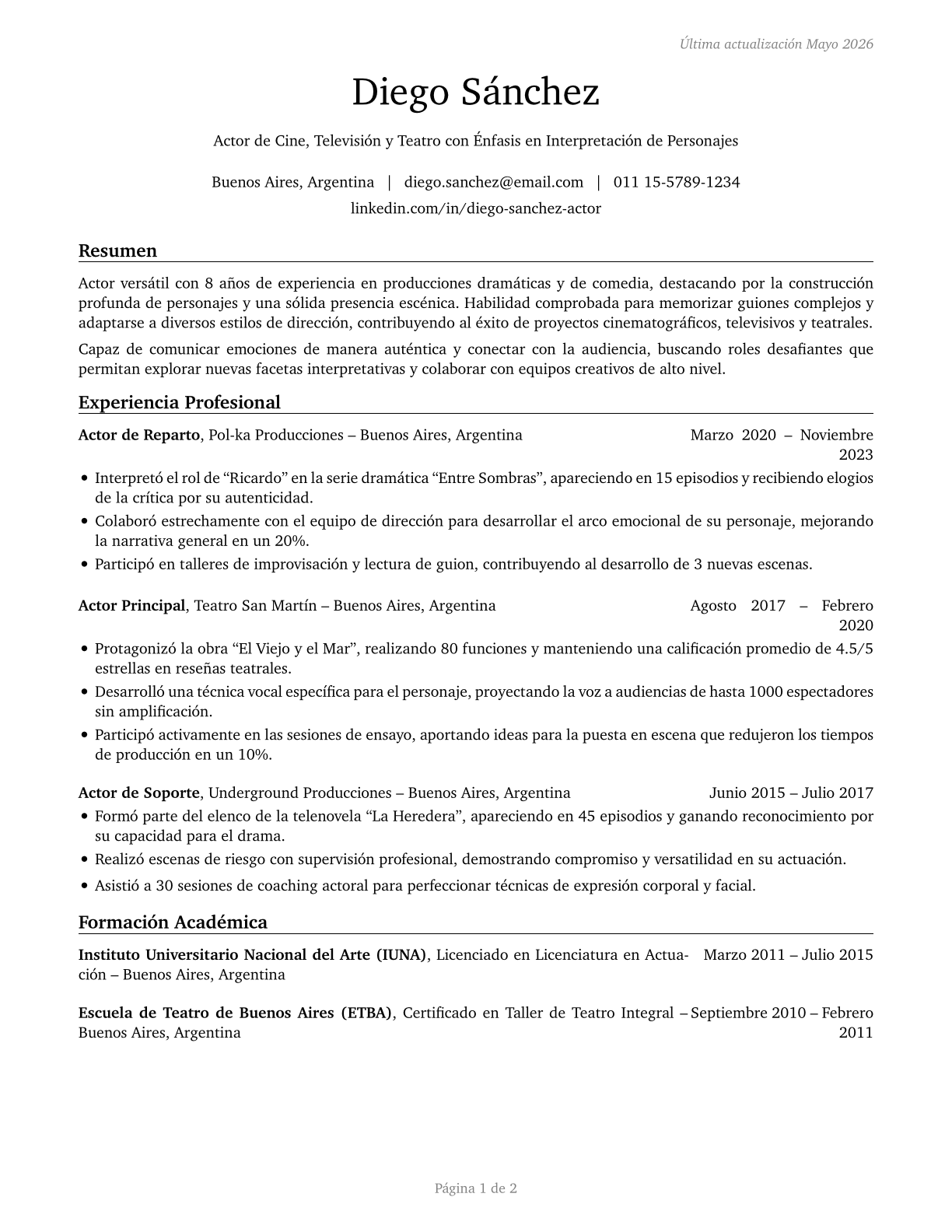 Actors CV in Spanish — page 1