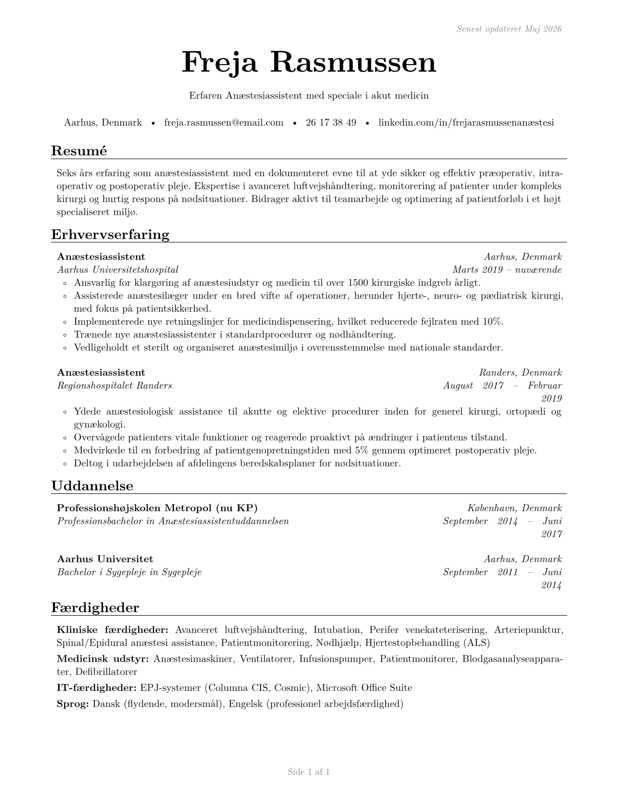 Anesthesiologist Assistants CV in Danish — page 1