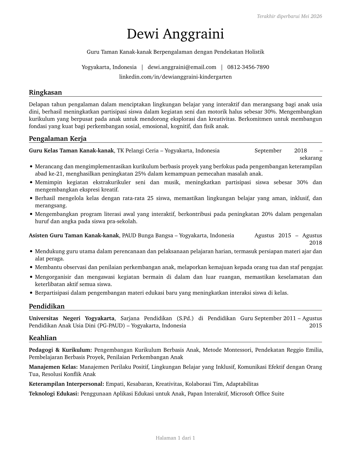 Kindergarten Teachers, Except Special Education CV in Indonesian — page 1